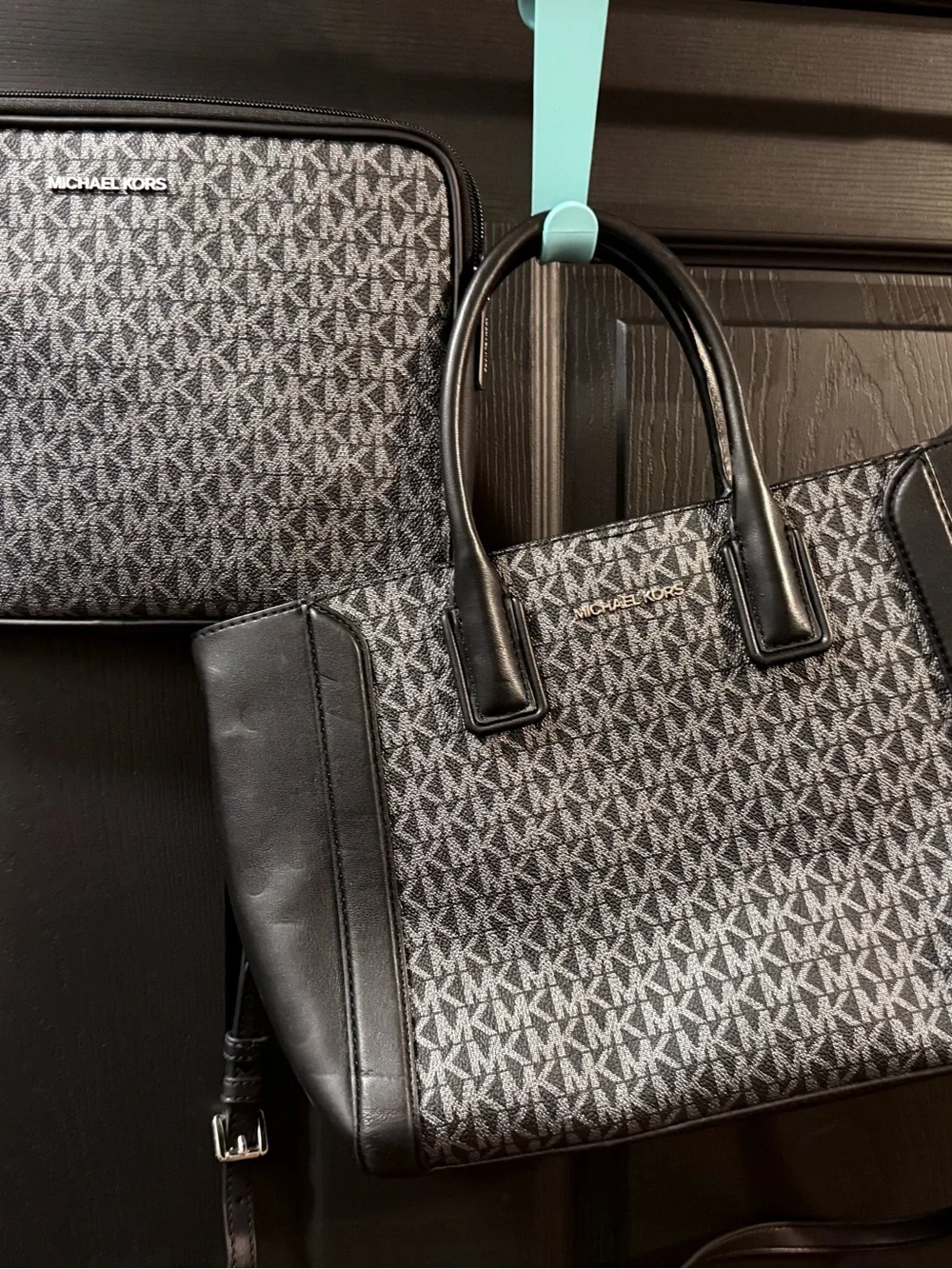 Michael Kors Black and Gray MK Logo Tote with Matching ipad case